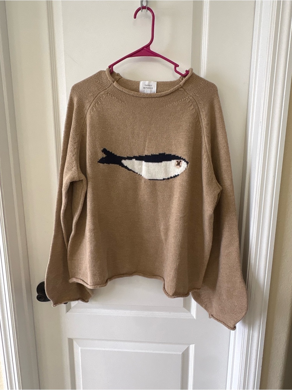Things Between Whale Sweater L Tan Wool Blend Coastal Nautical Oversized